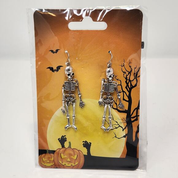 Skeleton Articulated Dangle Drop Hook Earrings Moveable Halloween Jewelry New - Picture 2 of 3